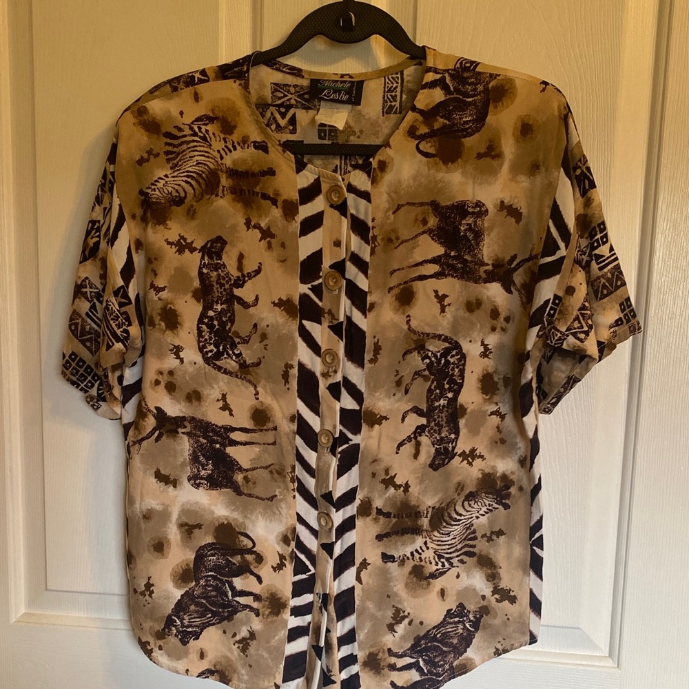 Vintage Michele Leslie Beige, Brown and Black Jungle and Geometric Top